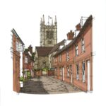 art print of cathedral over roof tops